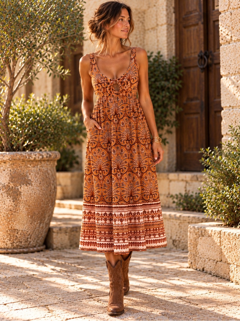 Knox Rose Paisley Boho Midi Dress Medium Orange Brown Tie Front Pockets